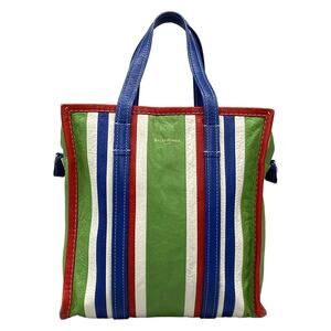 BALENCIAGA Bazaar Shopper Handbag Striped Green White Multi Leather